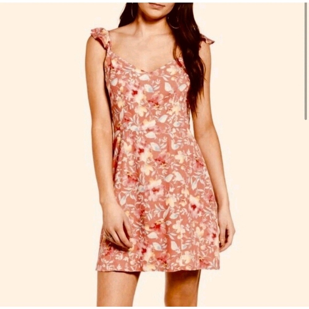 WAYF Coral Pink Floral Ruffle Strap Tie Back‎ Cutout Mini Dress Medium
